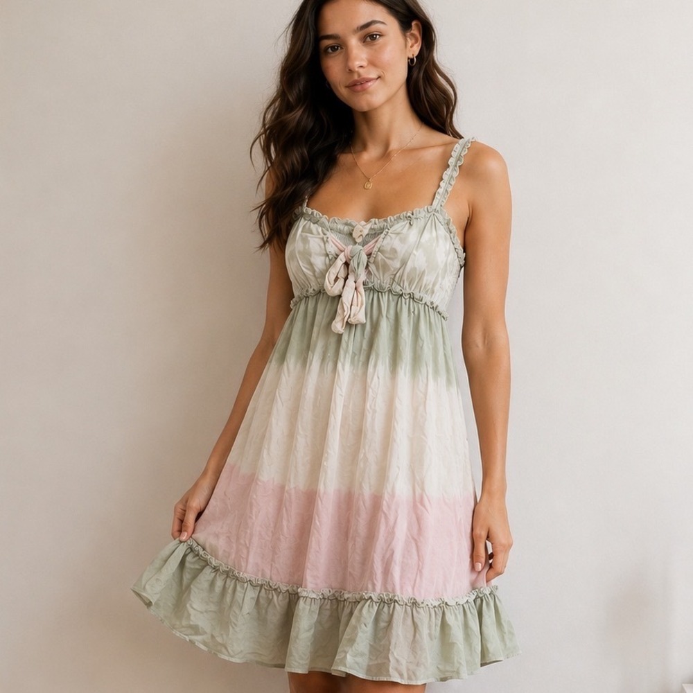 Ocean Drive Tie Dye Mini Dress Womens Medium Green Pink Excellent Boho Ruffle
